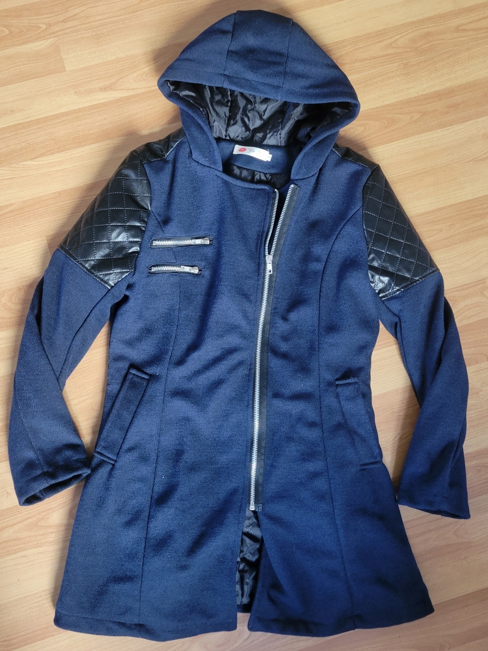 Navy Hooded Coat with Quilted Shoulder Detail